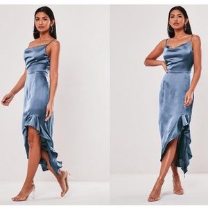 satin ruffle side cami midi dress